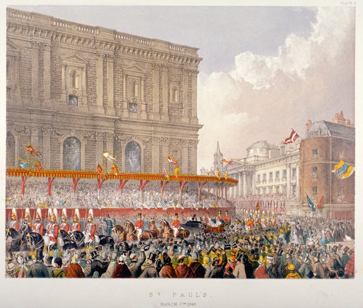 1863年、シティ・オブ・ロンドンのセント・ポール大聖堂の東端を通過する王室の行列 作： デイ・アンド・サン
