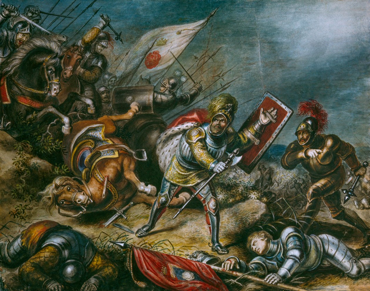 リチャード3世がボズワース野原で徒歩で戦う姿を描いた絵画。芸術作品。 作： ディーン・コンガー
