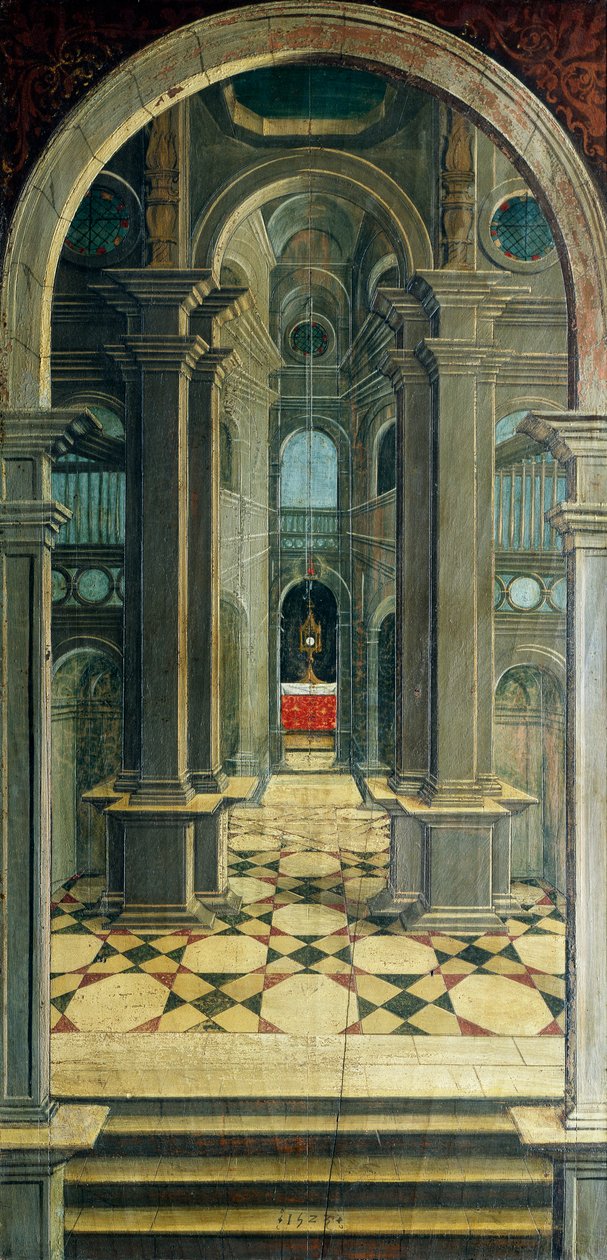 ディフェンテ・フェラーリ（1480または1485-1540）が描いたパースペクティブ（16世紀の聖歌隊席の後部に描かれたもの）、イタリア、ビエラの聖ジェローム教会 作： 被告フェラーリ