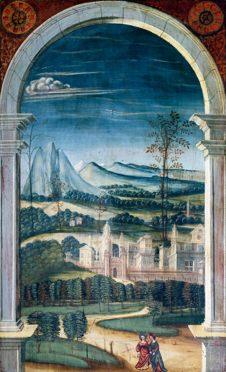 ディフェンテ・フェラーリ（1480または1485-1540）が描いたパースペクティブ（16世紀の聖歌隊席の後部に描かれたもの）、イタリア、ビエラの聖ジェローム教会 作： 被告フェラーリ