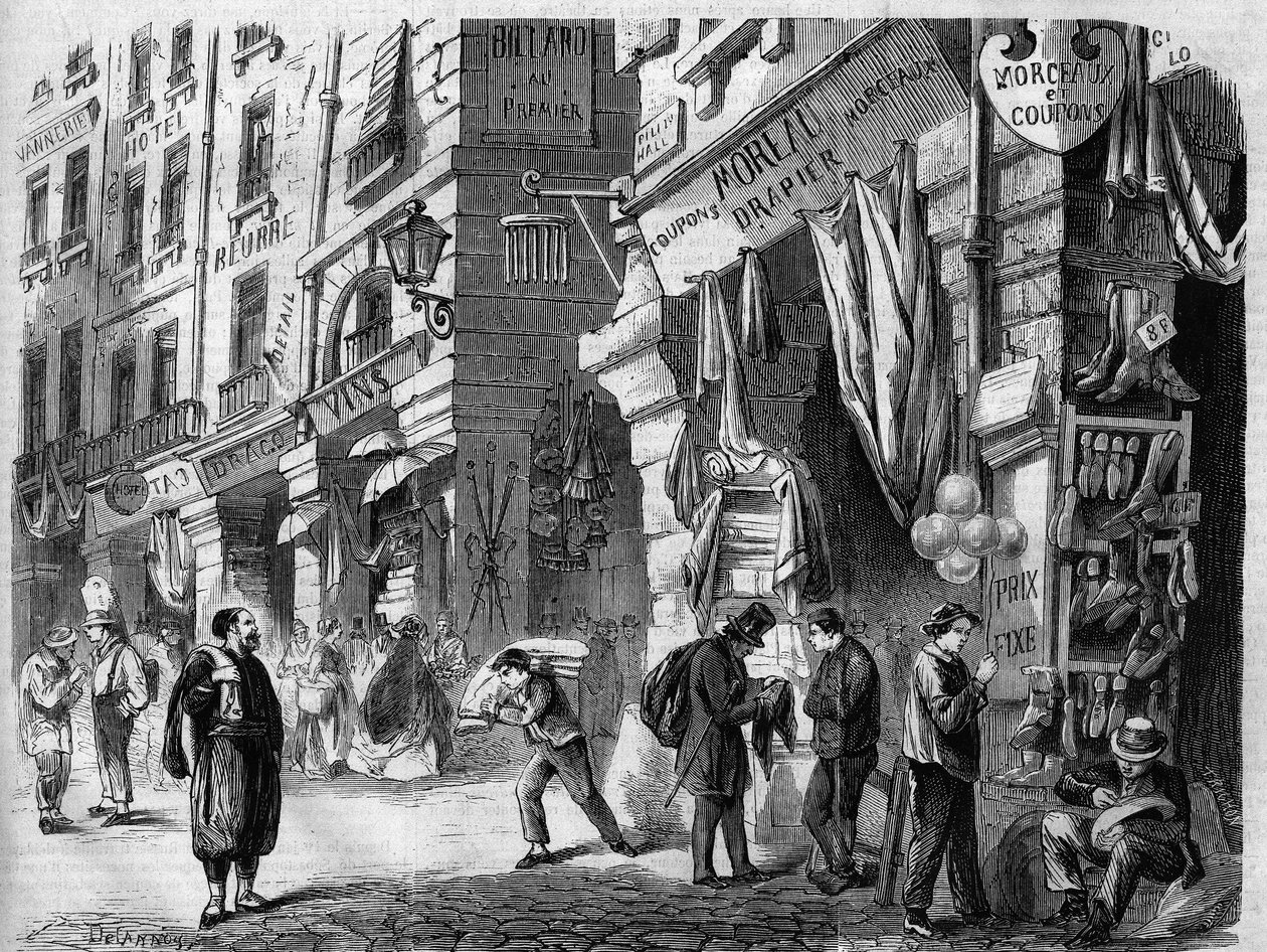 パリ、トンネリ通りの家々の1階にある屋根付きの回廊の様子。"Hallesの柱 "とも呼ばれ、1866年3月7日の "L