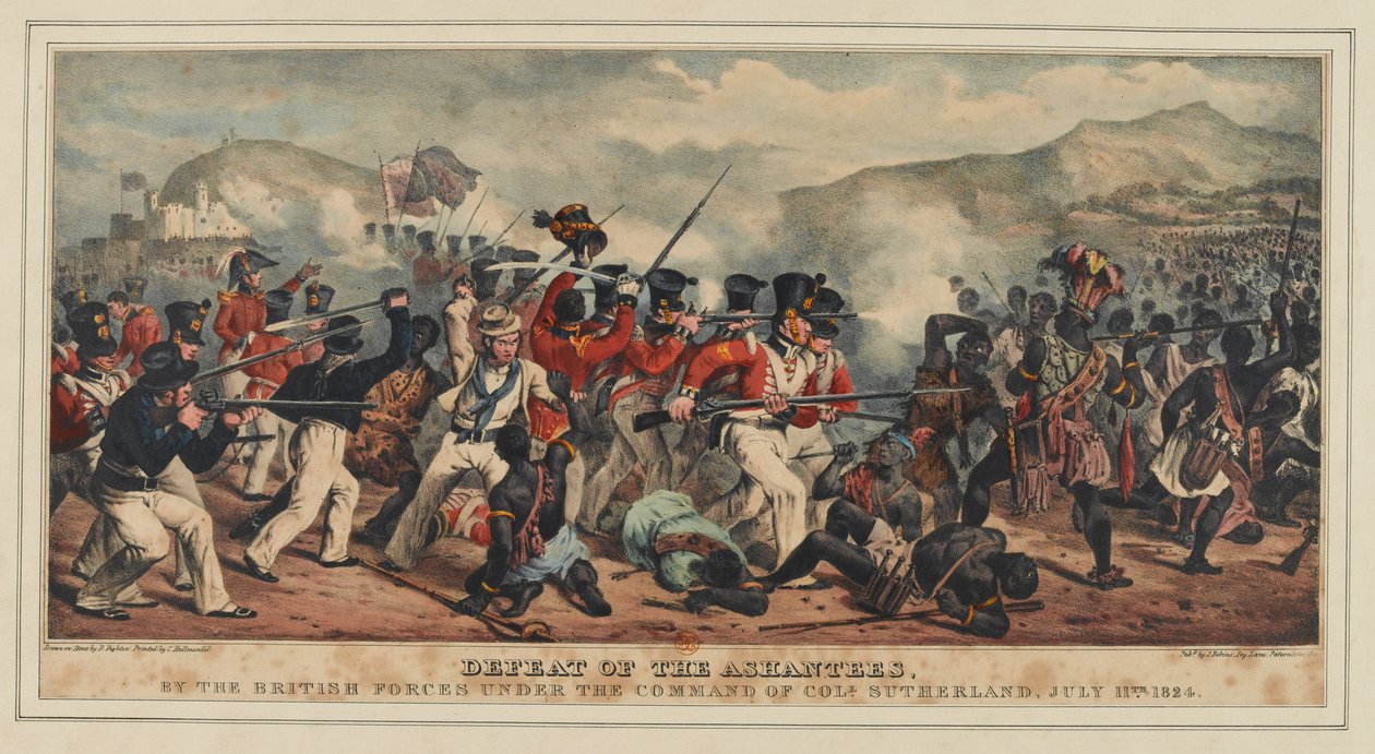 1824年7月11日、サザーランド大佐の指揮下にあるイギリス軍によるアシャンティーの敗北、J。ロニス発行、1825年 作： デニス・ダイトン