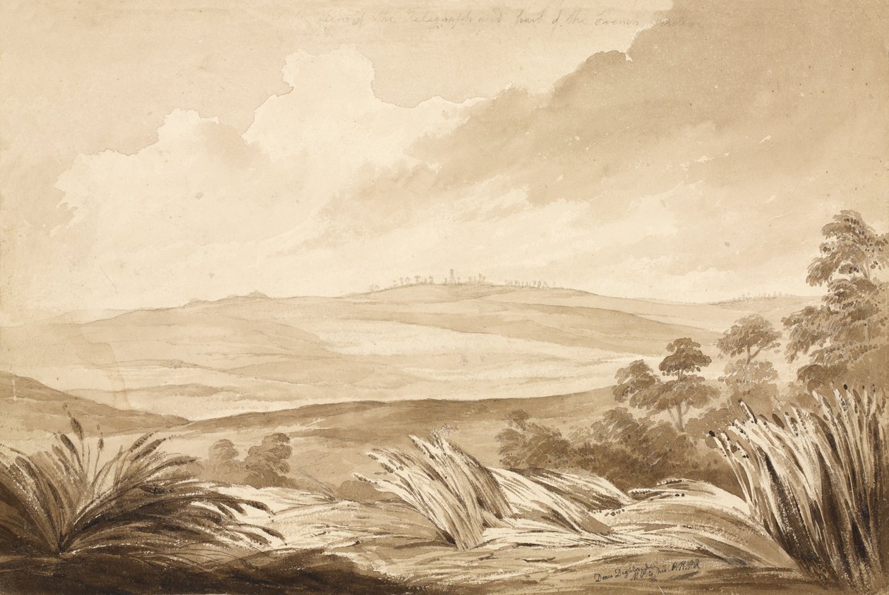 「No 3 View of the Telegraph and part of the French Position」、1815（紙と鉛筆） 作： デニス・ダイトン