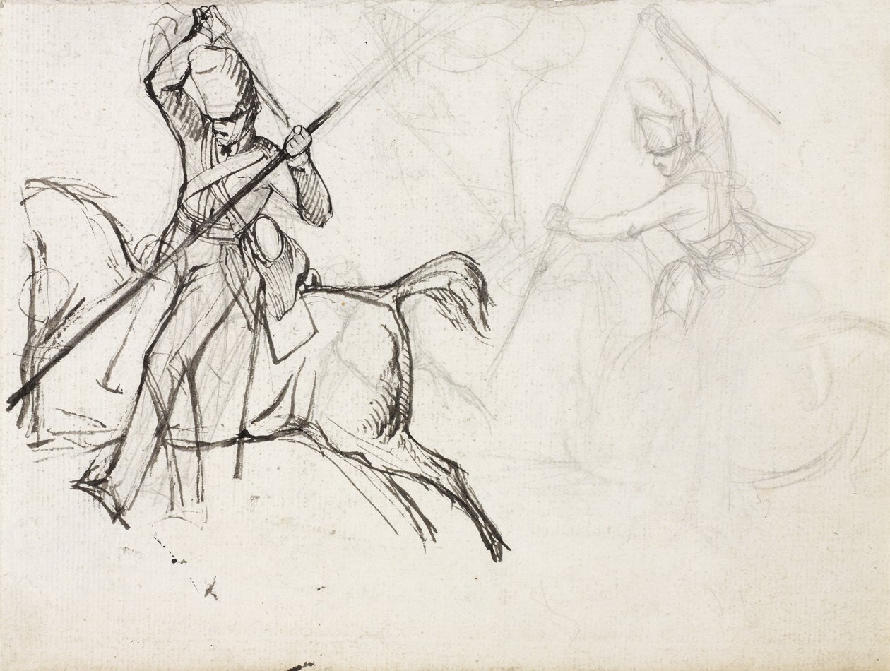 1815年のウォータールーの戦いでのフレンチイーグルの捕獲を示した絵のための、スコットグレイのエワート軍曹の姿に関する研究（紙と鉛筆） 作： デニス・ダイトン