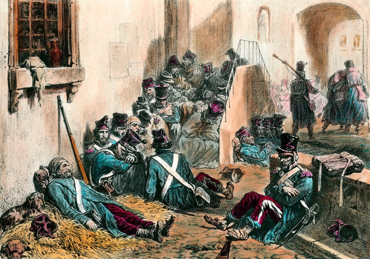 ナポレオン戦争時のチフス フランス軍の兵士が病気による熱病に苦しむ様子。19世紀、Denis Auguste Raffet（1804-1860）によるエングレーヴィング。個人蔵 作： デニス・オーギュスト・マリー・ラフェット