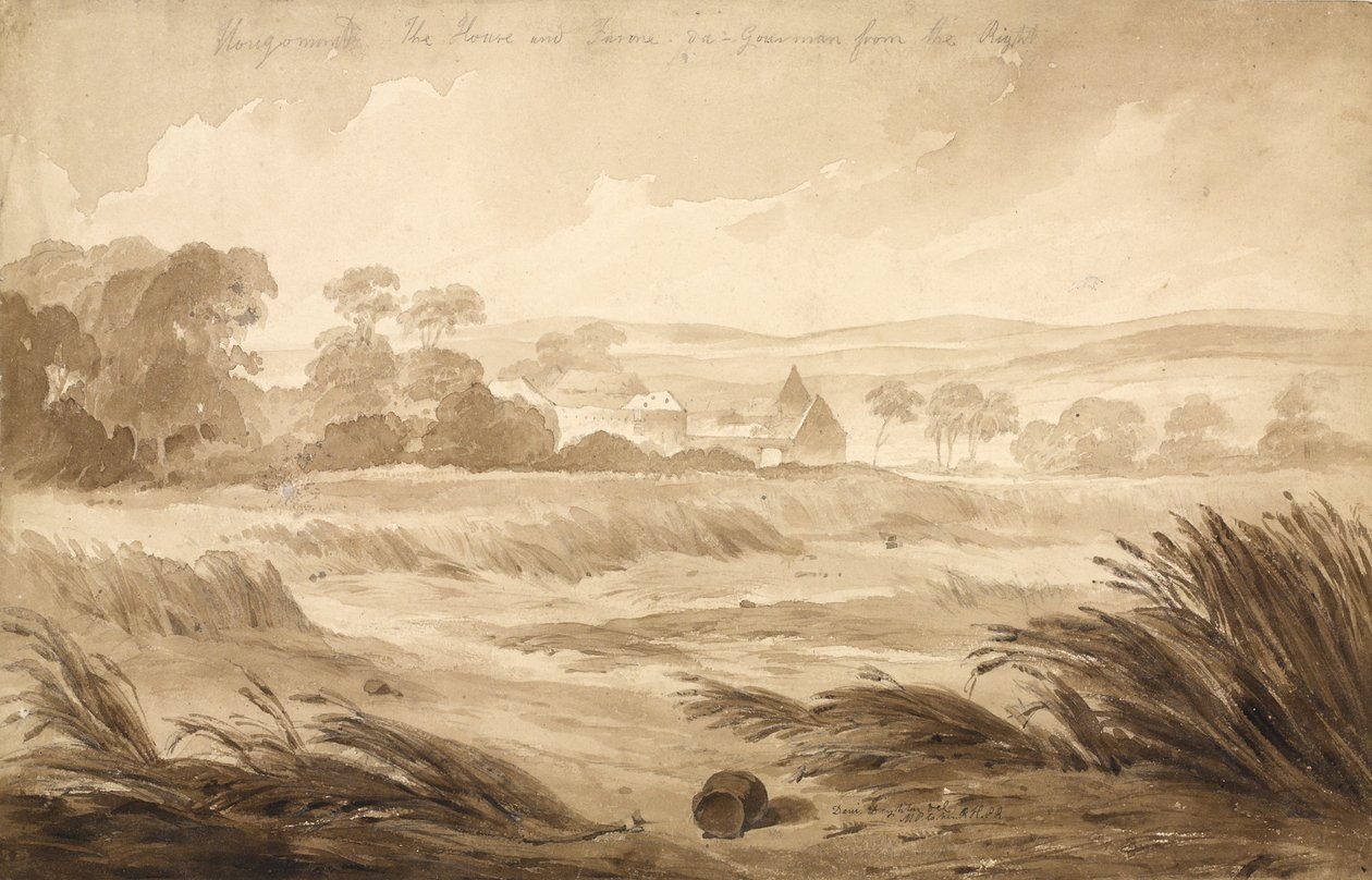 「No 1 Hougomont The House and farme du-Gourman from the Right」（1815年、紙と鉛筆） 作： デニス・ダイトン