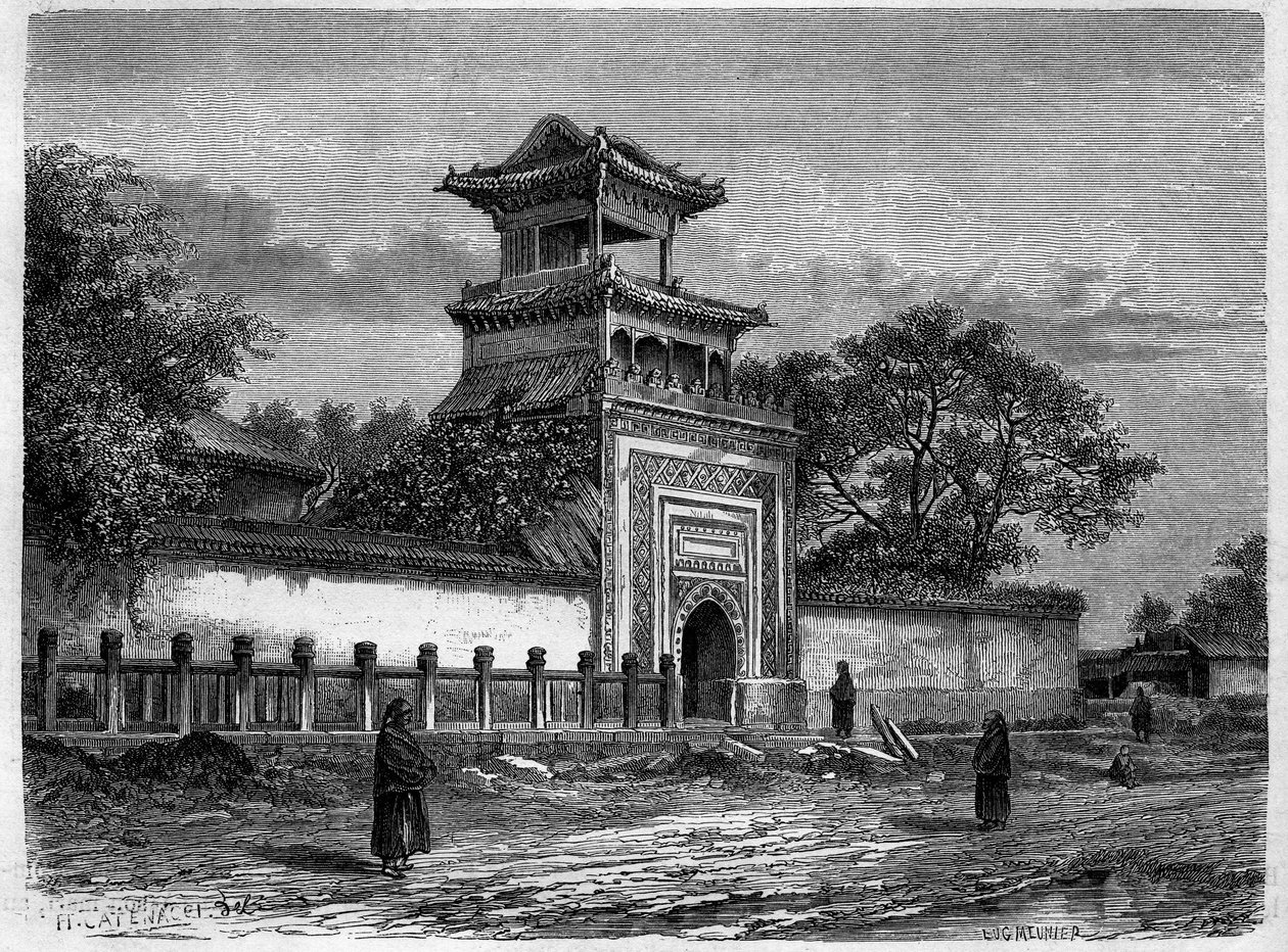 1870年代のペキン（北京）のモスク。エドゥアール・シャルトン編『Le Tour du Monde, Nouveau journal des Voyages』（パリ）に掲載されたデロイの絵をもとにしたエングレービング 作： デロイ（後）