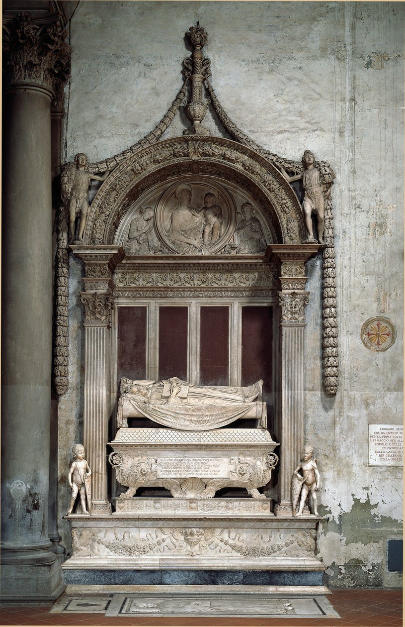 フィレンツェ共和国の宰相カルロ・マルスッピーニ（1399-1453）の墓、デシデリオ・ダ・セッティニャーノ（約1430-1464）作、1453年頃。フィレンツェ、サンタ・クローチェ教会（Chiesa di Santa Croce 作： デシデリオダセッティニャーノ