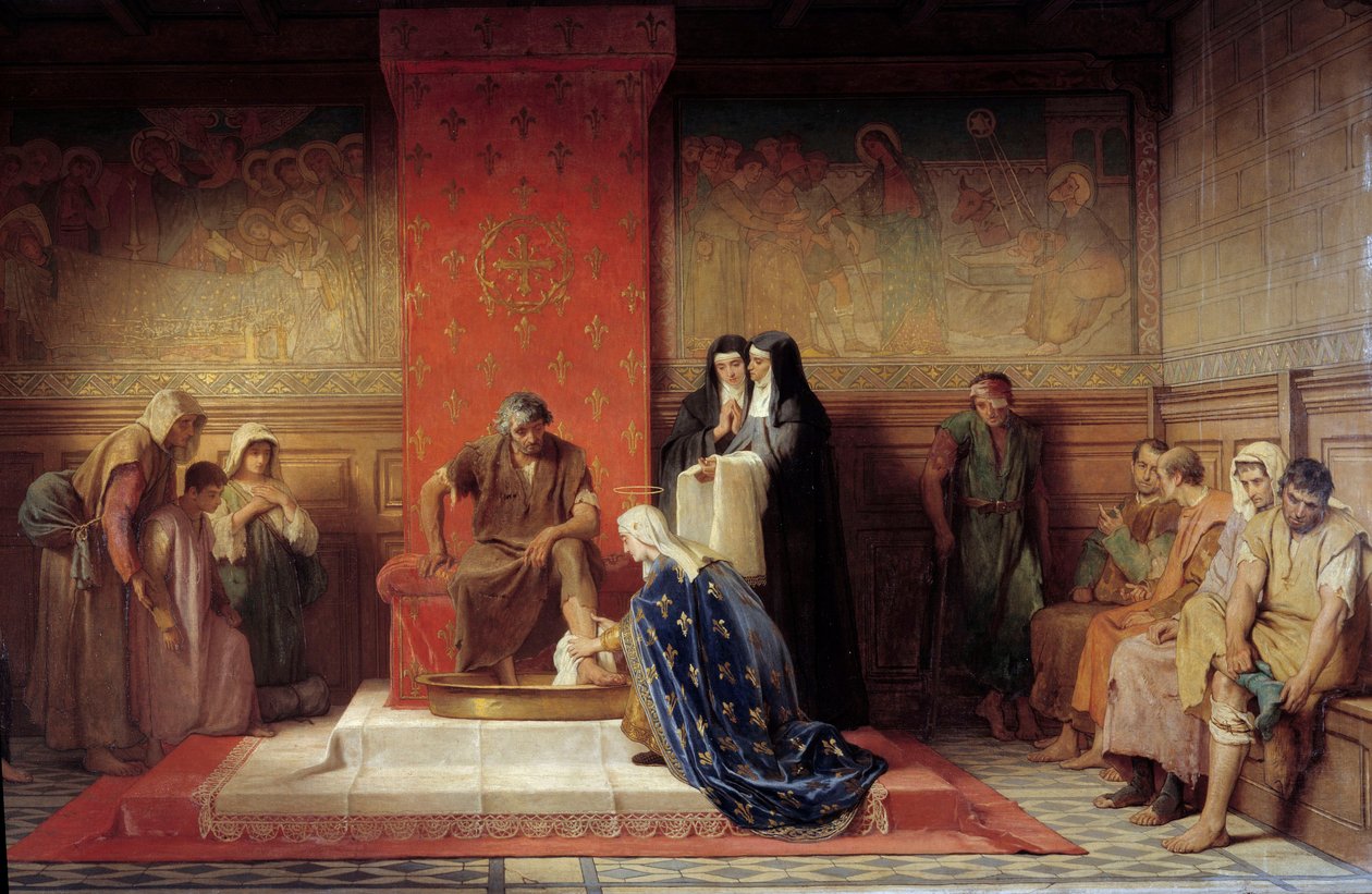 貧しい人々の足を洗うフランスの聖エリーザベト（聖ルイの妹）Desire Laugee（1823-1896）による絵画 1865年 作： 欲望フランソワ・ロージー