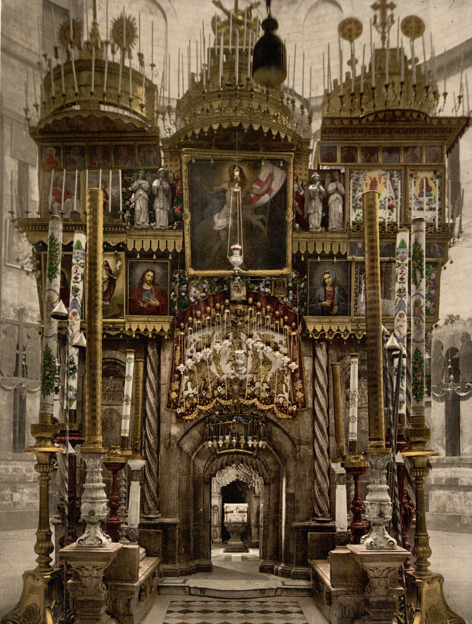 聖墳墓の内部、エルサレム、聖地、c.1890-c.1900（フォトクロムプリント） 作： デトロイト写真社