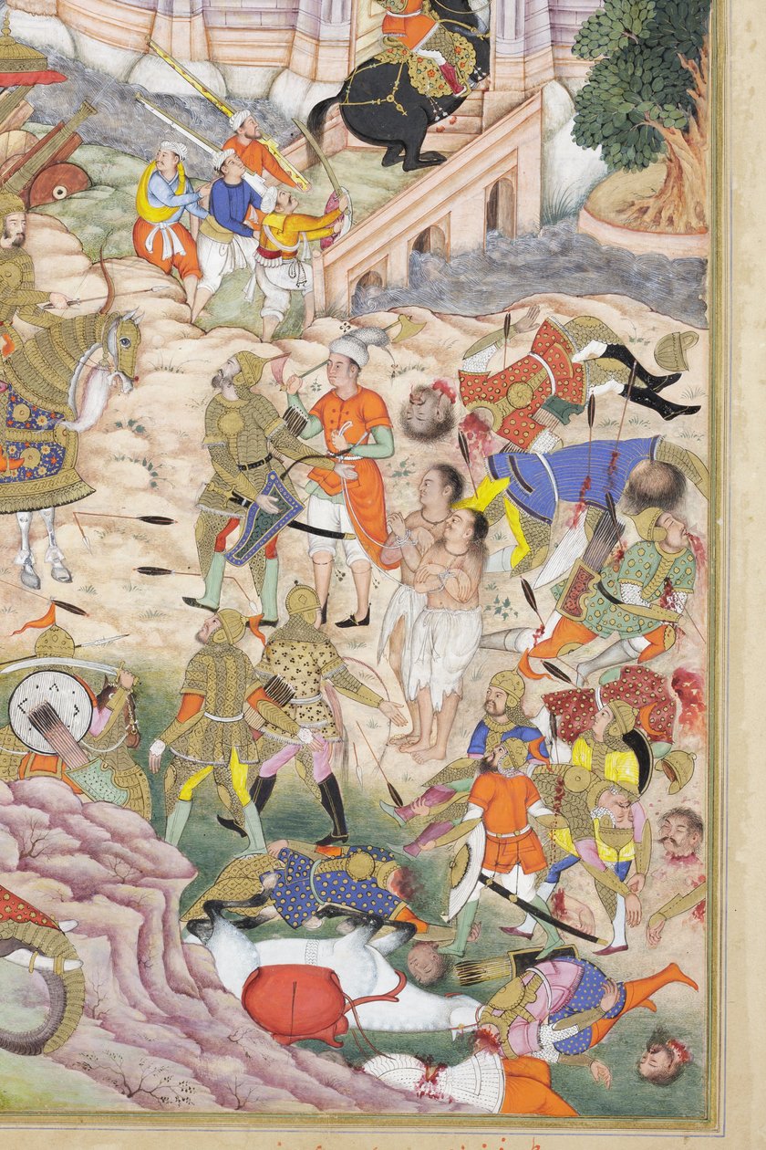 カブールの要塞を占領するバブールの軍隊の詳細、1590-1600年頃、不透明水彩・金、紙 作： 