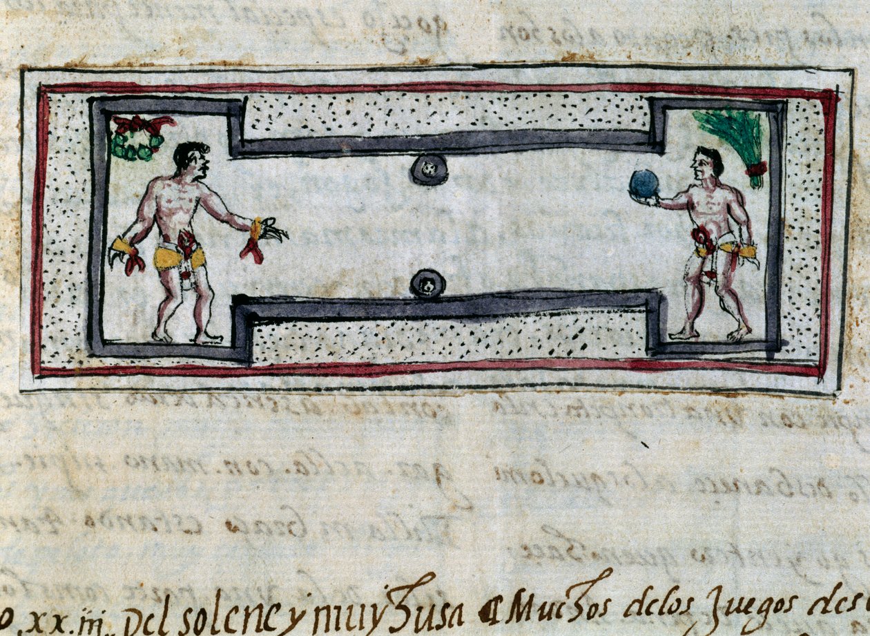 ペロタゲームをするアステカ人、Diego Duran（1537-1588）の「Historia de las Indias」のミニチュア、1579年の写本 作： ディエゴ・デュラン