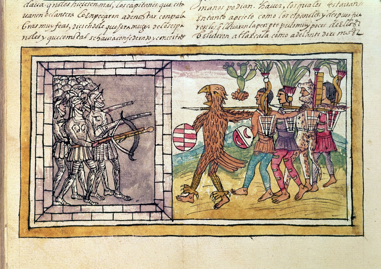 コーデックスデュラン：アステカ族の戦士に包囲されたヘルナンドコルテス（1485-1547）の武装集団、ペドロデアルバラド（c.1485-1541） 作： ディエゴ・デュラン