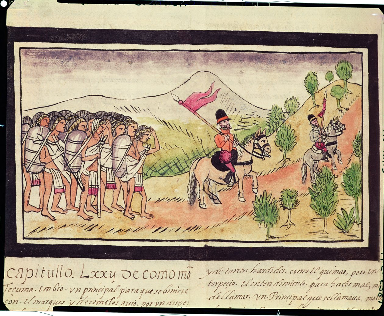 Fol.204v征服者が輸送資材を手に入れるトトナックインディアン、1579 作： ディエゴ・デュラン