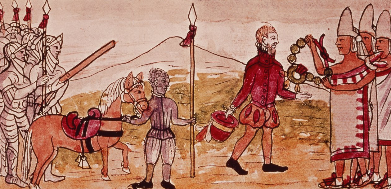 Fol.208vエルナンドコルテス（1485-1547）とモンテスマ（1466-1520）のミーティング、ディエゴデュランの「インディアンの歴史」からのミニチュア、1579年（227180の詳細） 作： ディエゴ・デュラン