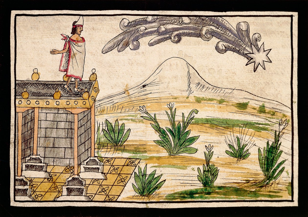 Montezuma tarkkailee komeetta, miniatyyri Diego Duranin (1537-1588) Intian historiasta 作： ディエゴ・デュラン