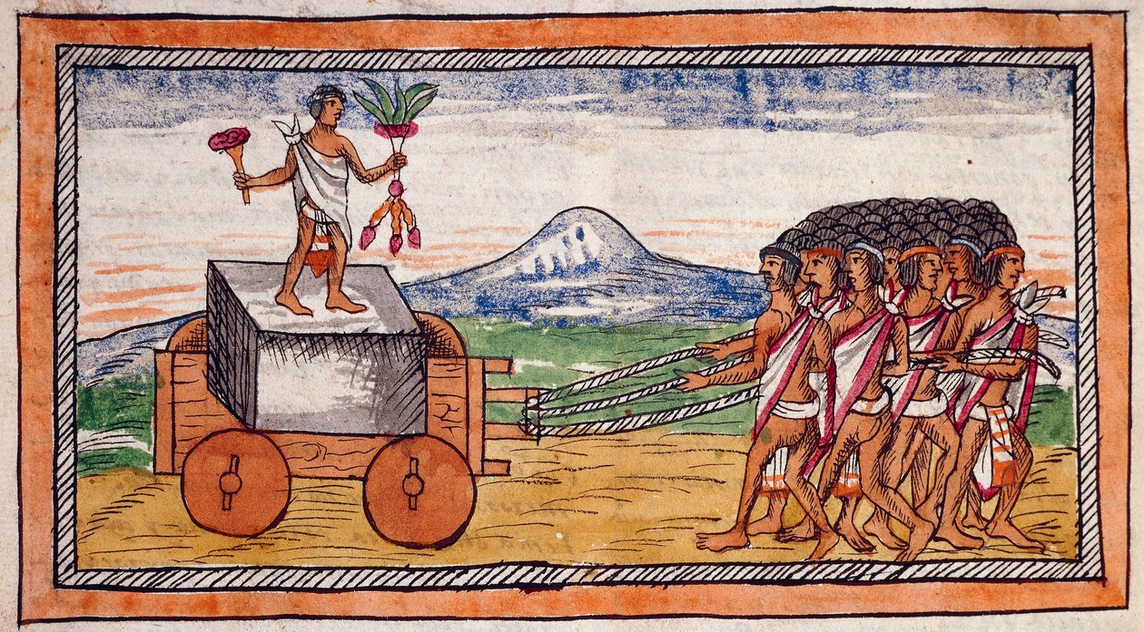 都市を建設するために石を運ぶアステカ人、ディエゴ・デュラン（1537-1588）によるインディーズの歴史から水彩を引き伸ばし、写本、フォリオ188直筆 作： ディエゴ・デュラン
