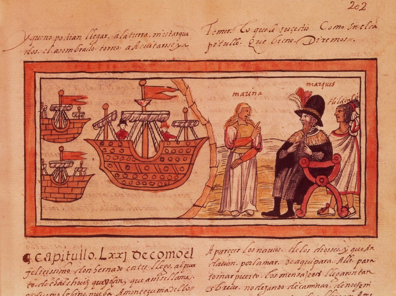 ヘルナンドコルテス（1485-1547）の愛人、インド王女マリンチェまたはドナマリーナが通訳 作： ディエゴ・デュラン