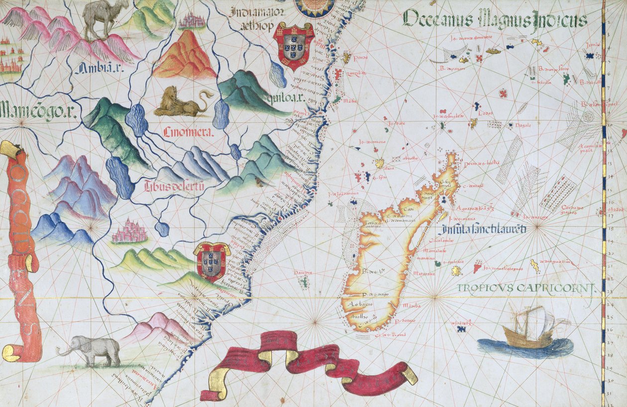 マダガスカルと東アフリカの海岸線、1565年の世界地図の詳細 作： ディエゴ・ホームム