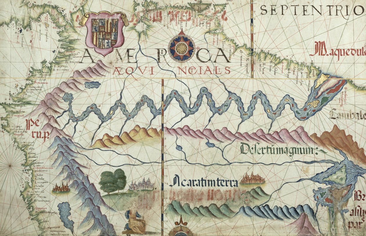 北南アメリカ、1565年の世界地図の詳細 作： ディエゴ・ホームム