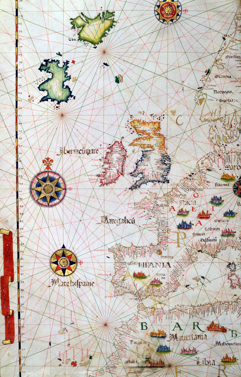 イギリスの島々、イベリア、北西アフリカ、1565年の世界地図からの詳細 作： ディエゴ・ホームム