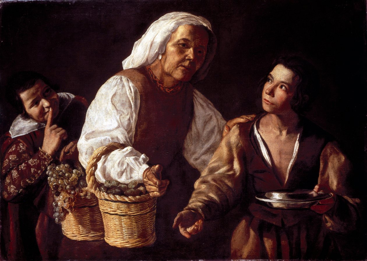 二人の少年と年老いた果物の女あるいは年老いた果物売り（Dos muchachos y vieja con fruta o La vieja frutera）。シルヴァ・ベラスケス（ベラスケス）によるディエゴ・ロドリゲスの絵画 作： ディエゴ・ロドリゲス・デ・シルヴァy（attr。To）ベラスケス