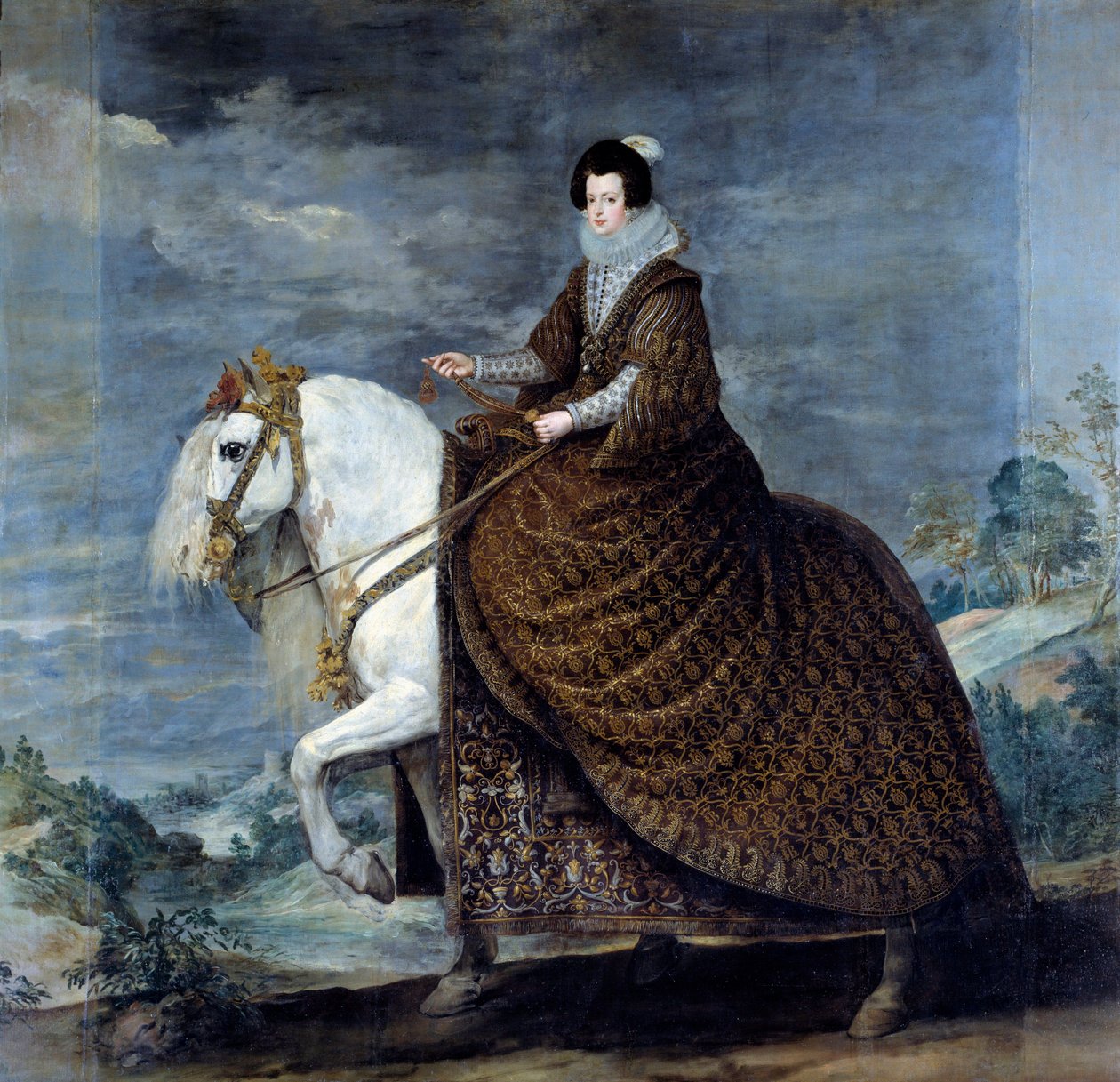 1616年にスペインのフィリップ4世の妻となったフランスのエリザベートまたはブルボン家のイザベル(1602-1644)の騎馬像 ディエゴ・ベラスケス(1599-1660)による絵画 1635年 日の丸。3,01x3,14 m Madrid, Musee du Prado - フランスのイザベル(1602-1644)の騎馬像。 作： ディエゴ・ベラスケス