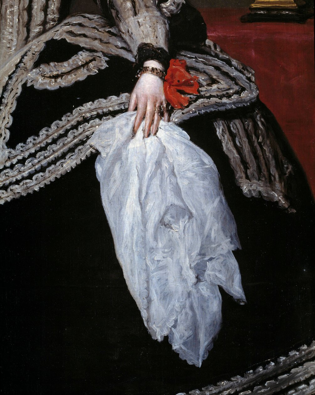 手とスカーフ 「フィリップ4世の妻、オーストリア王妃メアリー・アン（マリアンヌ）（1634-1696）の肖像の詳細」 ディエゴ・ベラスケス（1599-1660）の絵画 17世紀 マドリード、プラド美術館 作： ディエゴ・ベラスケス