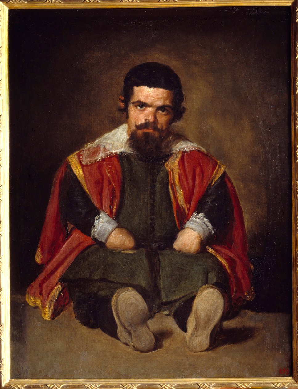 道化師セバスティアン・デ・モーラの肖像 宮廷に座る小人。ディエゴ・ベラスケス(1599-1660)による絵画 1645年頃、日。1,06x0,81 m Madrid Musee du Prado - 道化師セバスティアン・デ・モーラの肖像 - 宮廷の小人-座っているところ。絵画：ディエゴ・ベラスケス（またはヴェ 作： ディエゴ・ベラスケス
