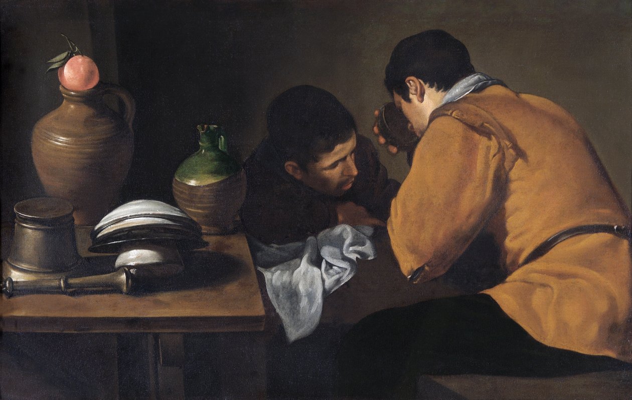 謙虚なテーブルで食事をする2人の若い男性c.1618-20（キャンバスに油彩） 作： ディエゴ・ベラスケス