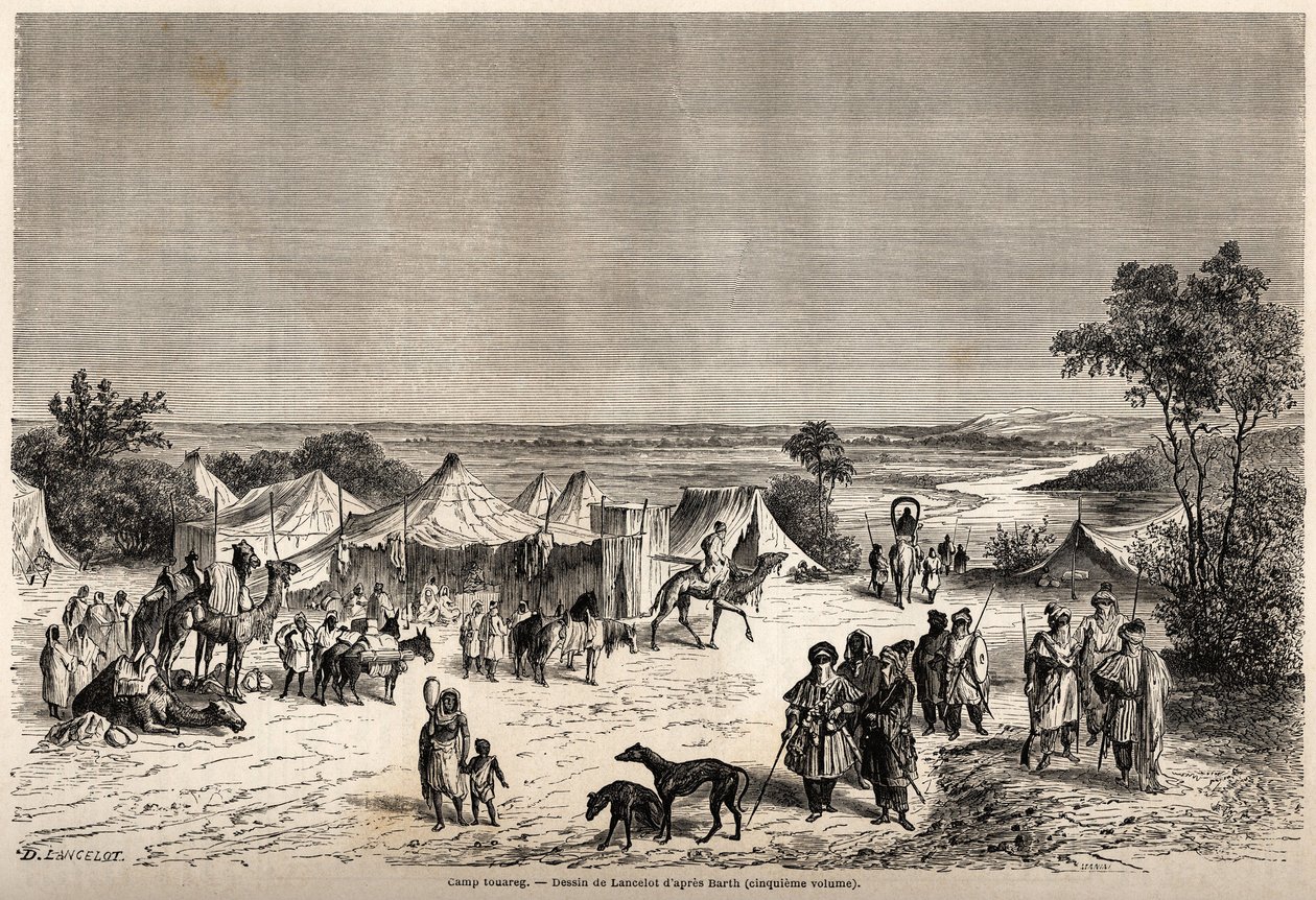 ランスロットが描いたトゥアレグ族のキャンプ、1849年から1855年にかけてのアンリ・バース博士のアフリカ中央部への旅を説明するために描いたもの。パリの "Le tour du monde, nouveau journal des voyages "に掲載された版画。 作： デュドンヌ・オーギュスト・ランスロット