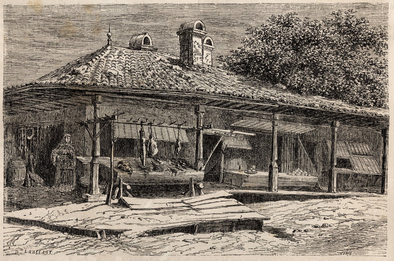 ブカレスト（ルーマニア）の肉屋とパン屋。1860年、デザイナー、ランスロットのパリからブカレストへの航海を描いたエングレーヴ、エドゥアール・シャルトンの指揮で出版された「Le tour du monde, nouveau journal des voyages」に掲載されたもの 作： デュドンヌ・オーギュスト・ランスロット