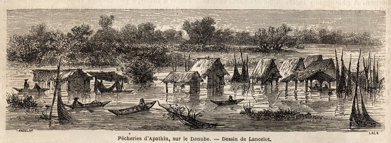 ドナウ川のアパチン（セルビア）の漁業。ランスロットが1860年にパリからブカレストまでの旅を説明するために描いたもの。エドゥアール・シャルトン編『Le tour du monde』に掲載された図版 作： デュドンヌ・オーギュスト・ランスロット