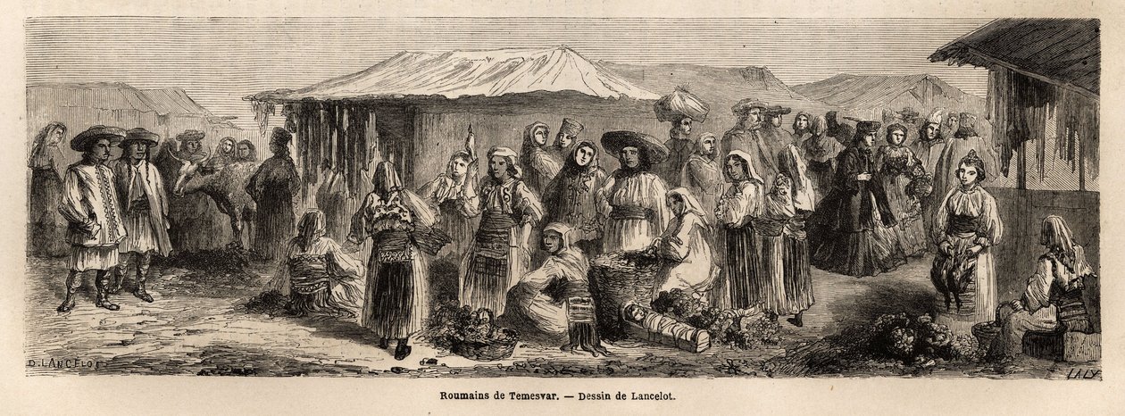 ルーマニアのTesmevar（またはTimisoara）の歩行人口です。パリからブカレストまでの航海を描いた版画（1860年、製図家ランスロット作）。エドゥアール・シャルトン監修の「Le tour du monde, nouveau journal des voyages」に掲載されている。 作： デュドンヌ・オーギュスト・ランスロット