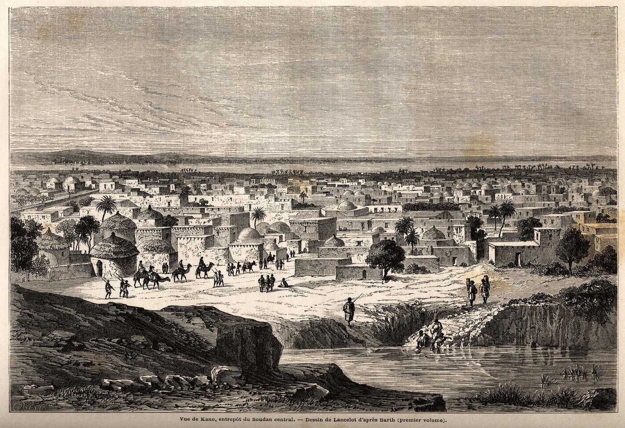 カノ（現在のナイジェリア北部の都市・州）、スーダン中央部の倉庫の眺め。1849年から1855年にかけてのアンリ・バルト博士のアフリカ中央部への旅を説明するために、ランスロットが描いたもの。"Le tour du monde, nouveau journal des voyages "に掲載された版画 作： デュドンヌ・オーギュスト・ランスロット