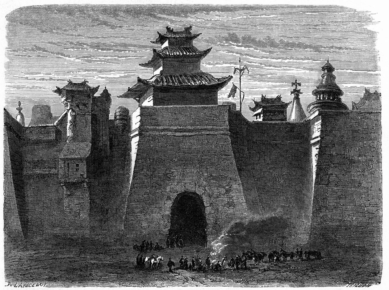 中国、北京の城壁と門。エドゥアール・シャルトン編『Le Tour du Monde, Nouveau journal des Voyages』（パリ）に掲載されたランスロットの版画。 作： デュドンヌ・オーギュスト・ランスロット