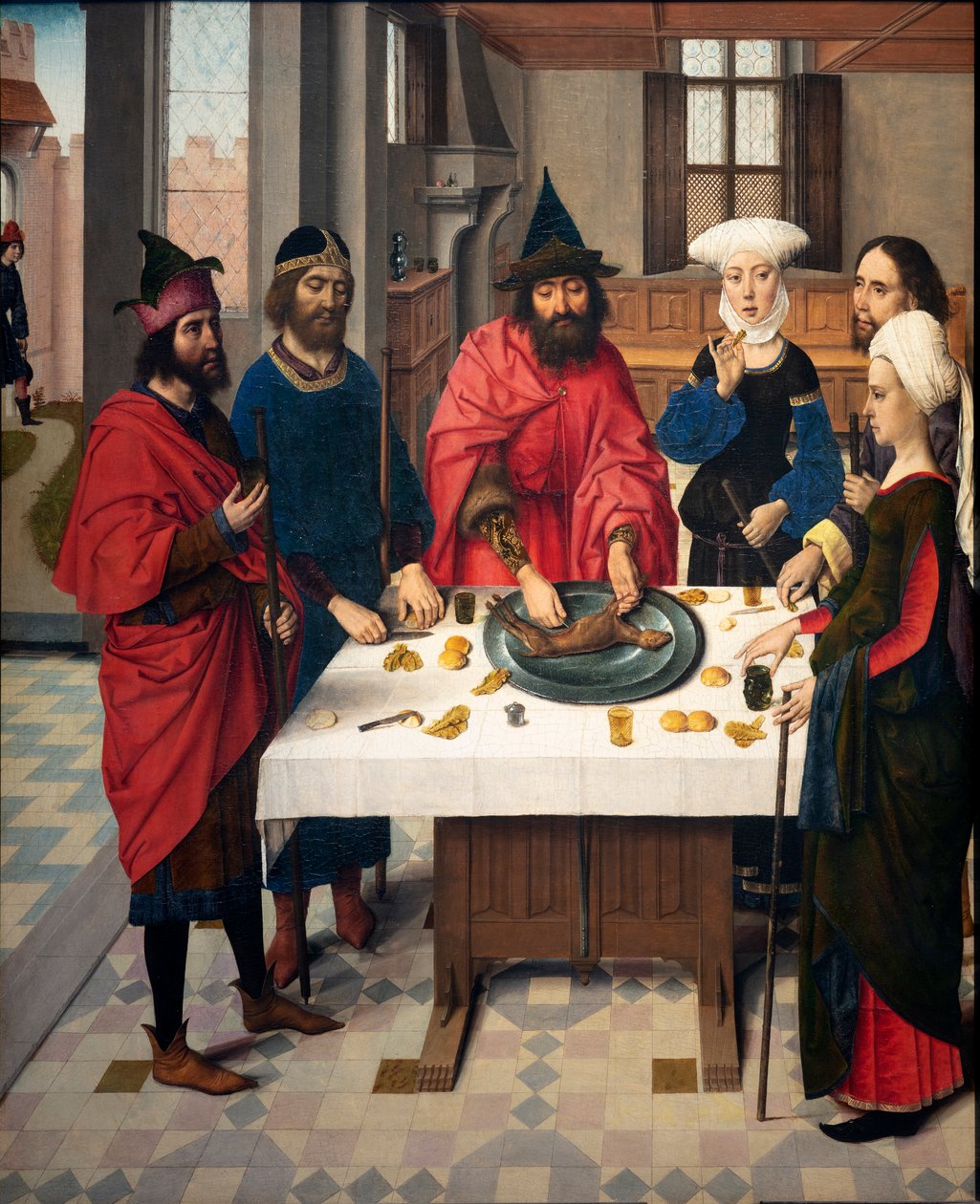 教区教会（聖ペテロ教区教会）。 ペインティング。 最後の晩餐。 ダークボルト。 1464-1468。 詳細。 左パネル。 作： Dirck Bouts