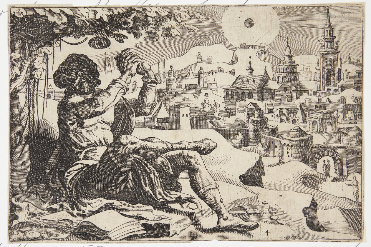 ひょうたんの下で不平を言うヨナ 作： Dirck Volckertsz coornhert