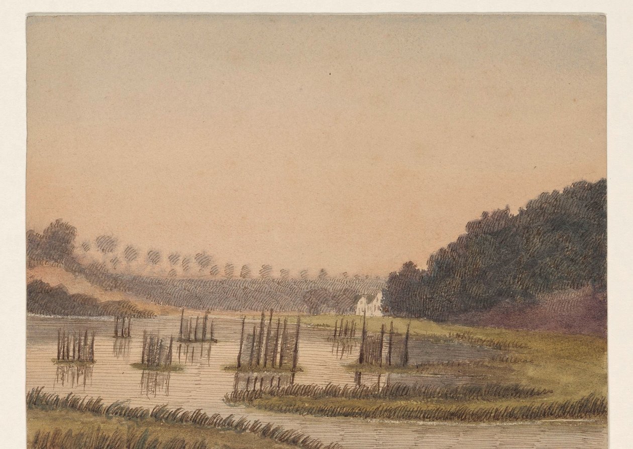 遠くに建物がある湿地の風景 作： Dirk Arnoldus Tavenraat