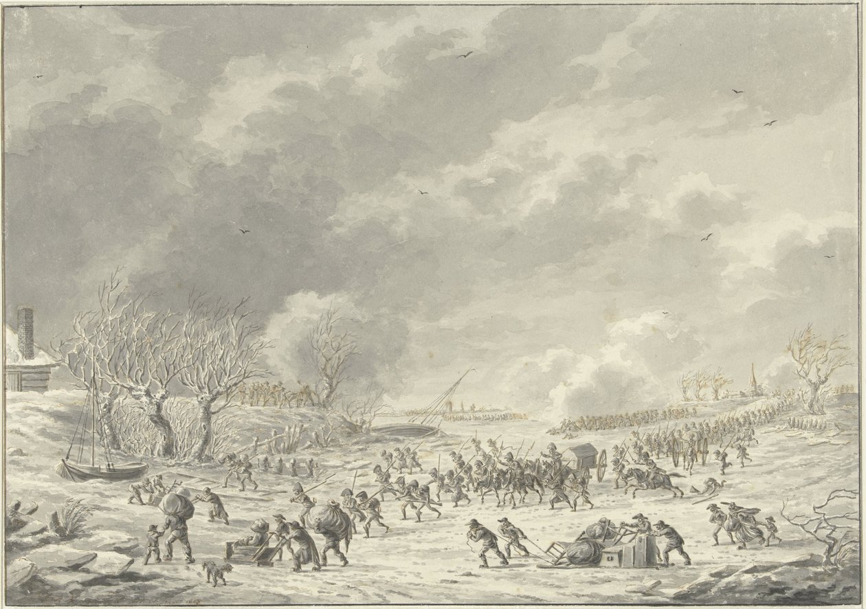 1795 年 1 月、ボンメル近くでワール川を渡るフランス人 作： ディルク・ランゲンダイク