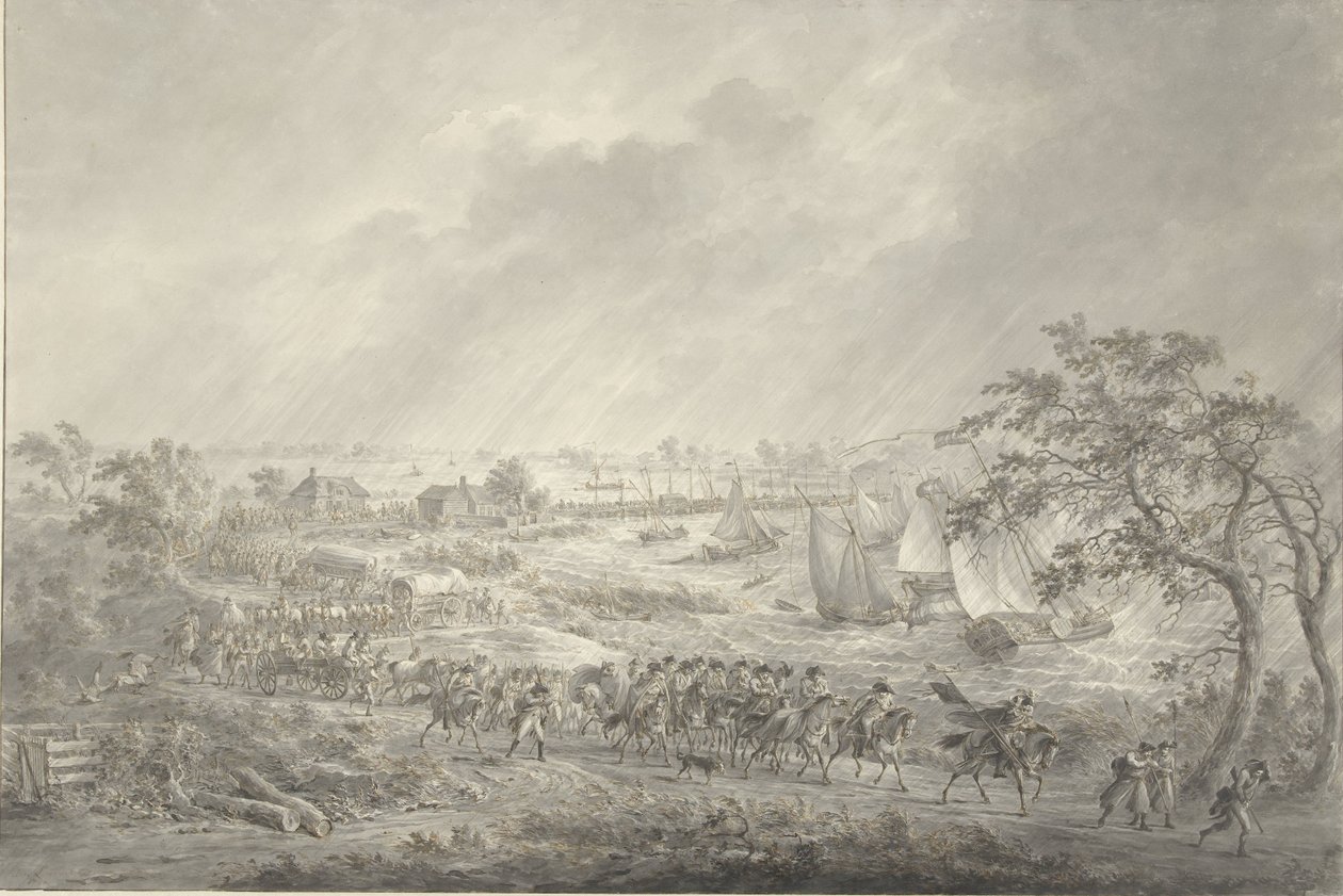 1794 年 11 月 7 日、ヴァール川に架かる船橋を渡ってナイメーヘンからレントに向かうイギリス軍とハノーバー軍の部隊 作： ディルク・ランゲンダイク
