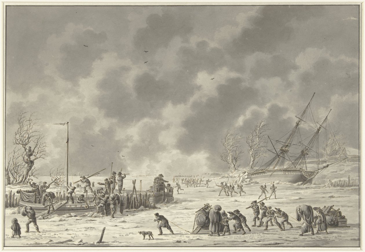 1795 年 1 月、テクセルでの土地の飛行 1794 年 12 月の Canonier Booten の出発と Landzaaten の Vlugt (オブジェクトのタイトル) 作： ディルク・ランゲンダイク