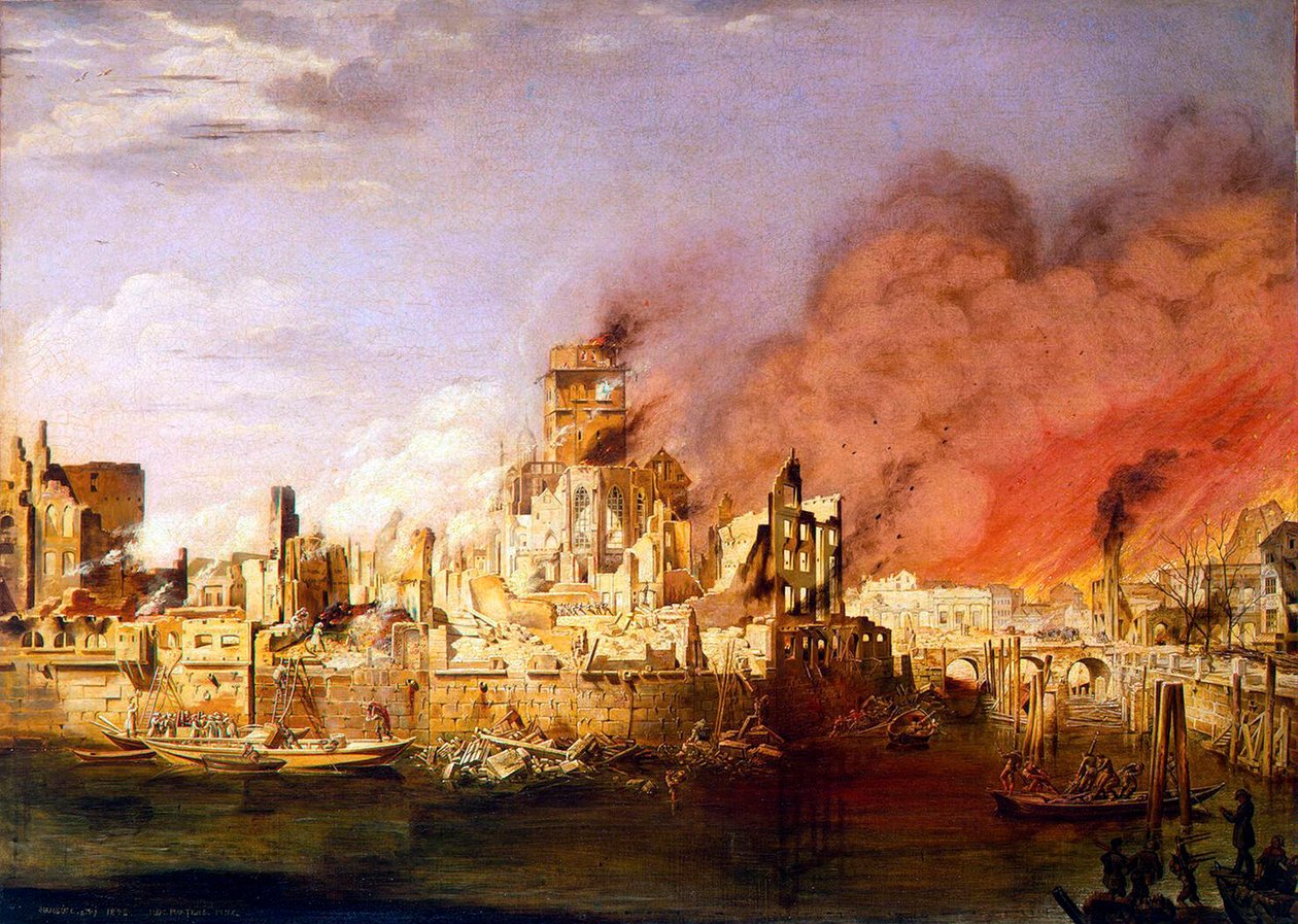 1842 年 5 月 5 日のハンブルグ大火。 作： ディトリウ・マーテンス