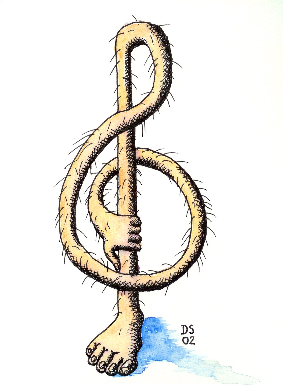 毛のある高音部記号 - 足のように描かれた高音部記号とそれを持つ手 作： ドミトリー・スミルノフ