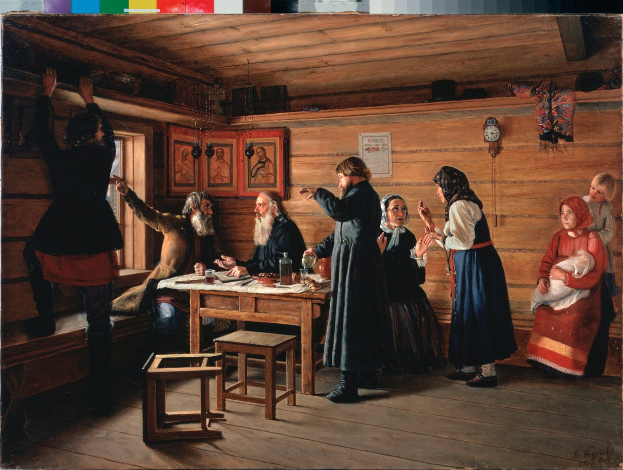 宗教論争 - Dmitri Yegorovich Zhukov (1841-1903) による絵画、キャンバスに油彩 作： Dmitri Yegorovich Zhukov