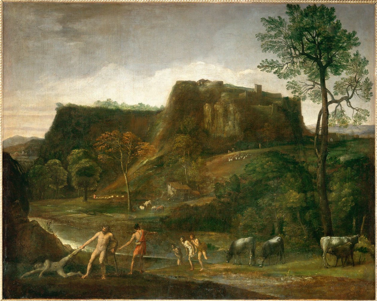 ヘラクレスは洞窟からカカスを引きずり出す． 作： ドメニキーノ (1581-1641)