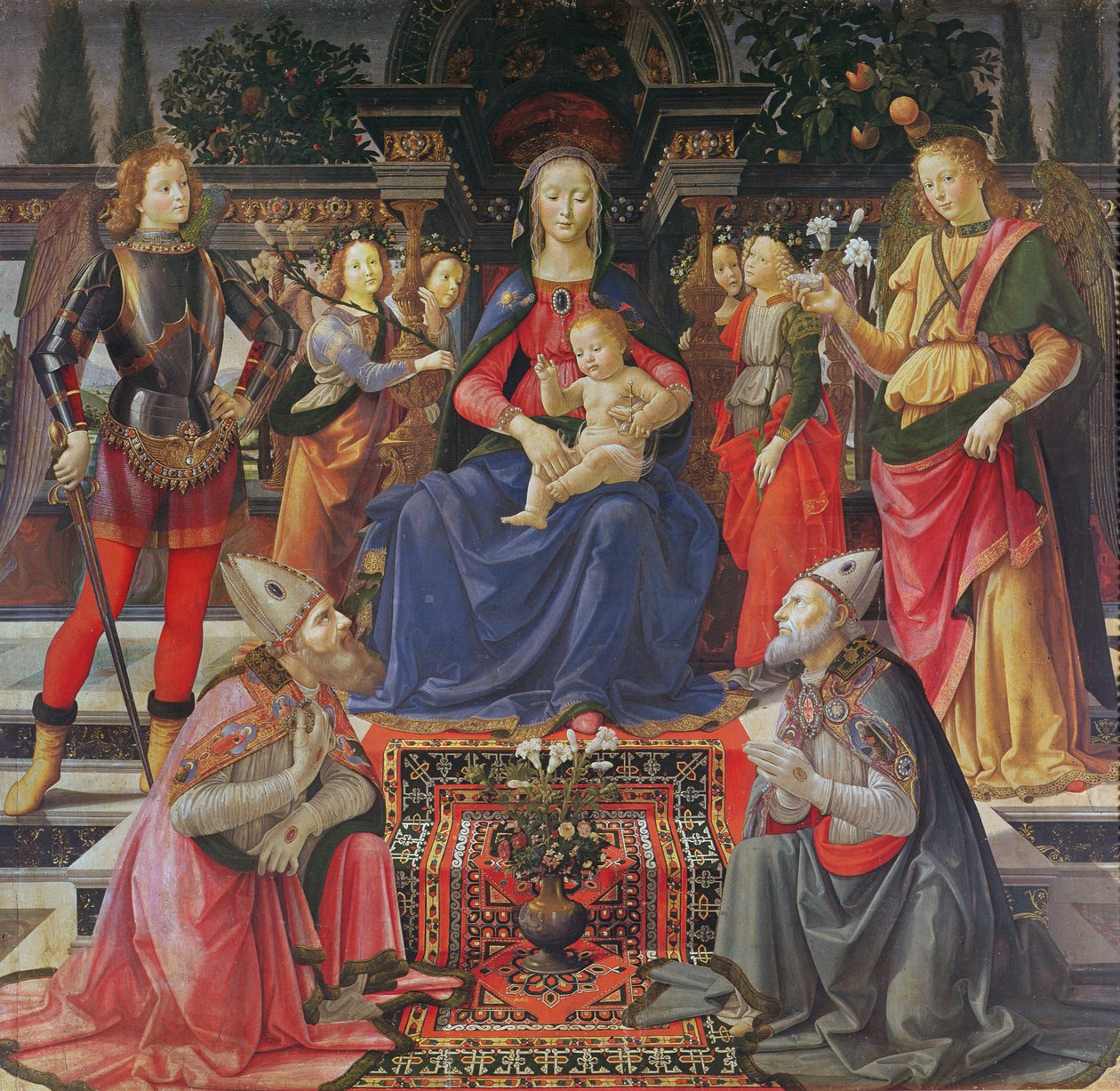 マドンナと子供とSS。ジャスタス、ゼノビウスと大天使ミカエルとラファエル、c.1484（パネル上のテンペラ） 作： ドメニコ・ギルランダイオ