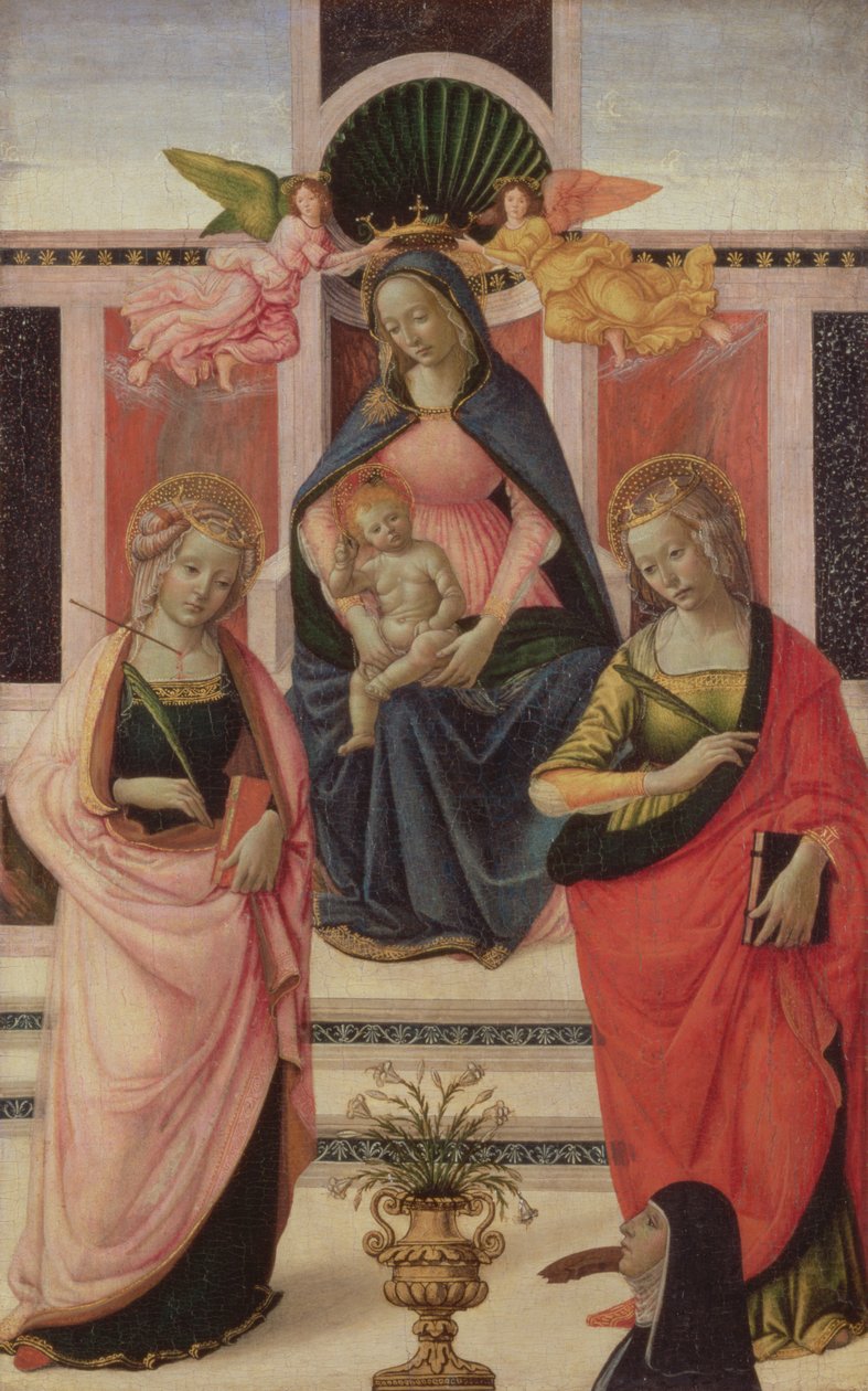 聖ウルスラと聖カタリナで即位した聖母子1480-1500（パネルに油釉を施したテンペラ） 作： ドメニコ・ギルランダイオ