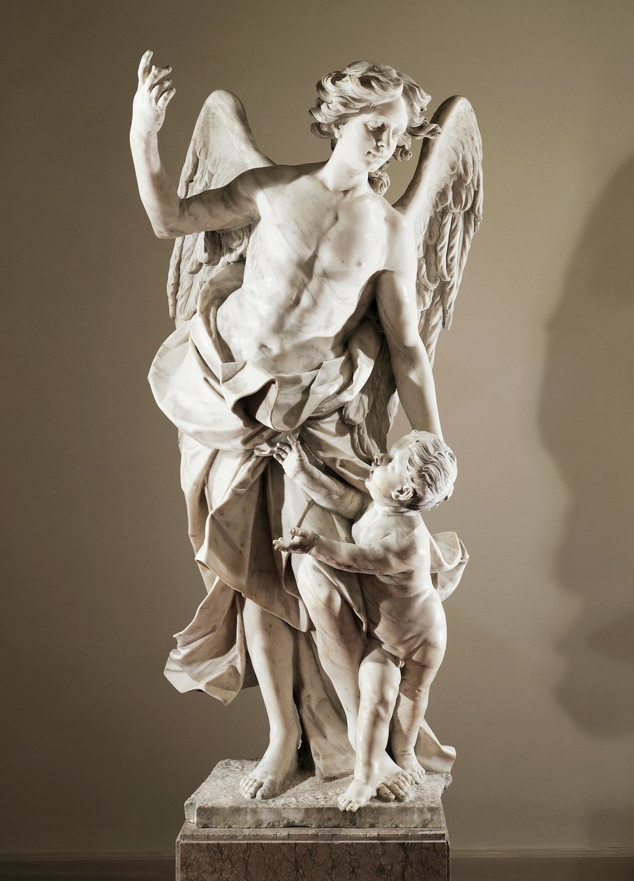 守護天使、約1724年、ドメニコ・アントニオ・ヴァッカロ（1678-1745）作、大理石の彫像、高さ190cm、サン・パオロ・マッジョーレ大聖堂の反サクリスティ、イタリア、カンパニア州ナポリ 作： ドメニコ・アントニオ・ヴァカロ