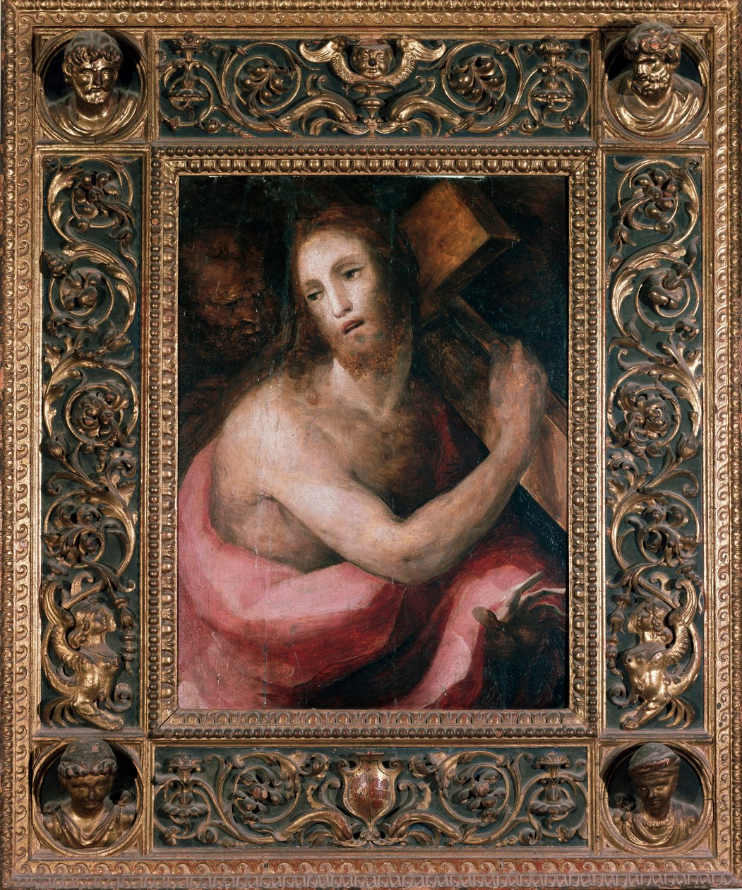 エッセ・ゲイ。十字架を背負うキリスト。ドメニコ・ベッカフミ（1486-1551）の絵画、1540年頃。飲み物。ディム：75x75cm。Siena（シエナ）、Museo del 